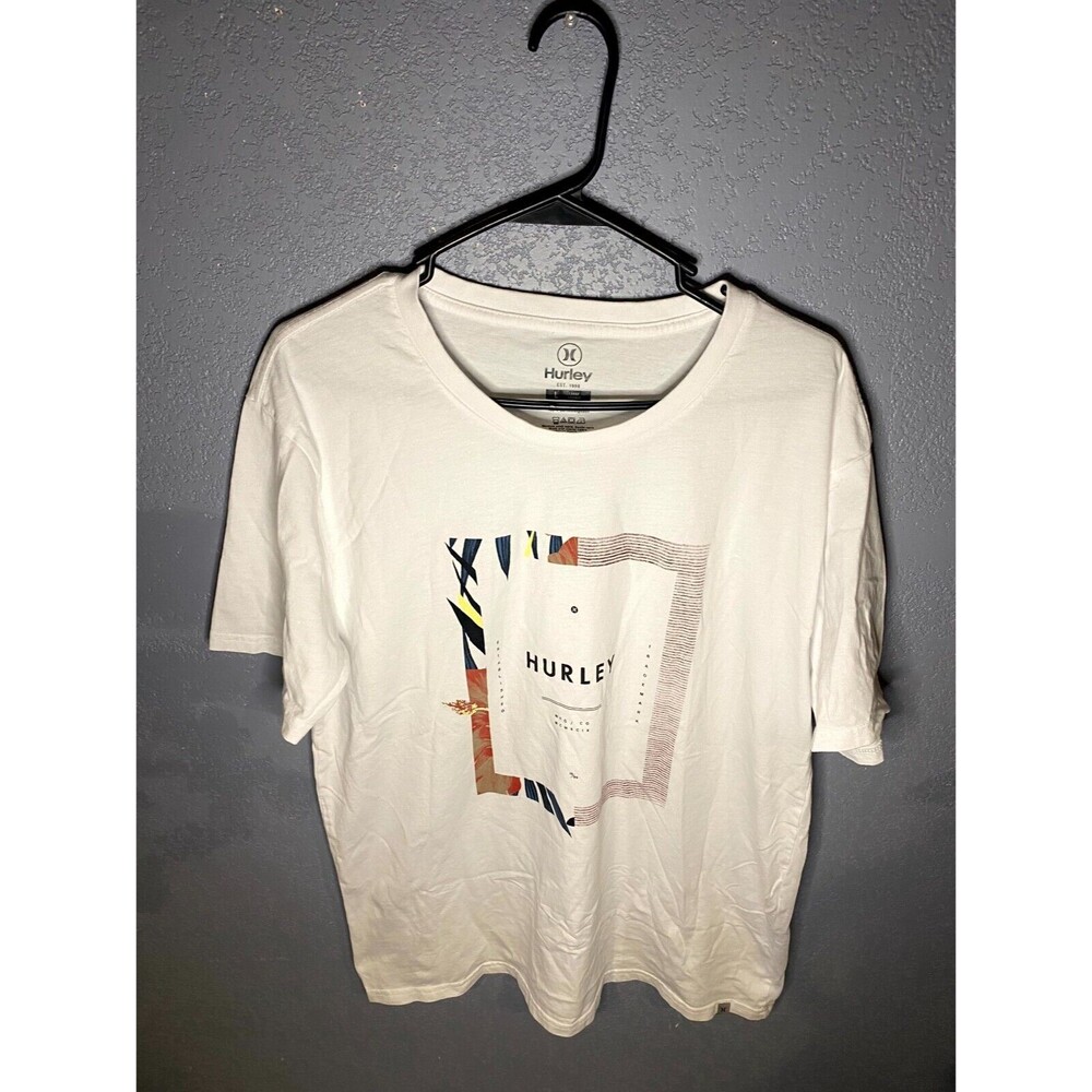 Hurley Tee Shirt Mens L White Crew Neck Logo Graphic Tee Short Sleeve Cotton